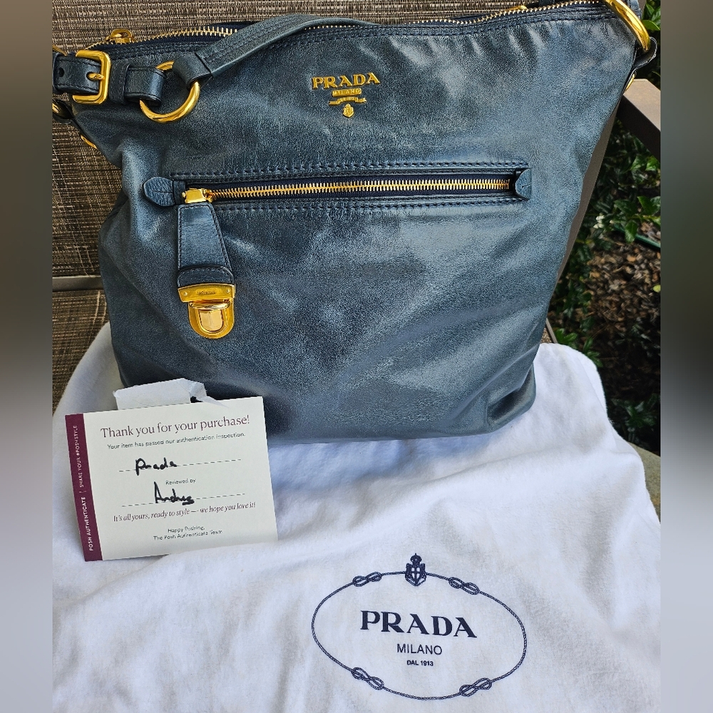 PRADA Large Blue Vitello Shine Leather Hobo